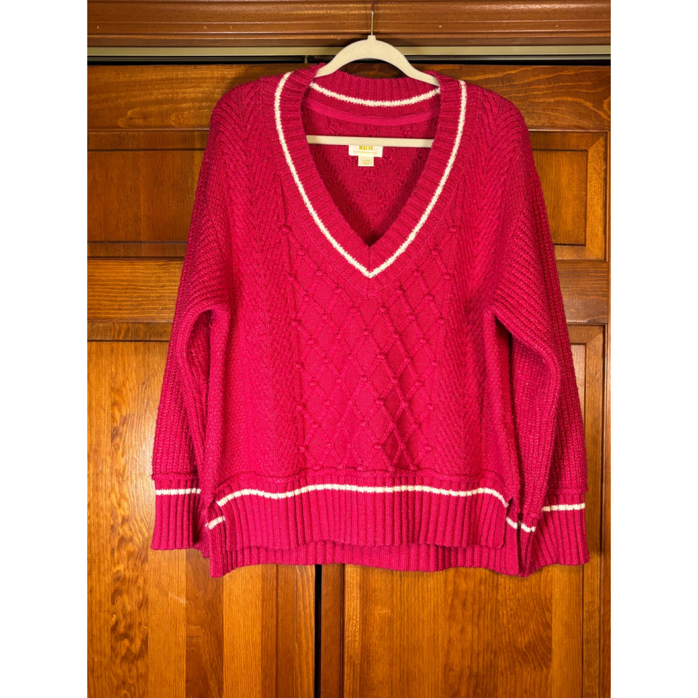 Maeve by Anthropologie Tilly Pullover Sweater V-Neck Cable Knit Varsity Pink W L - Picture 5 of 13